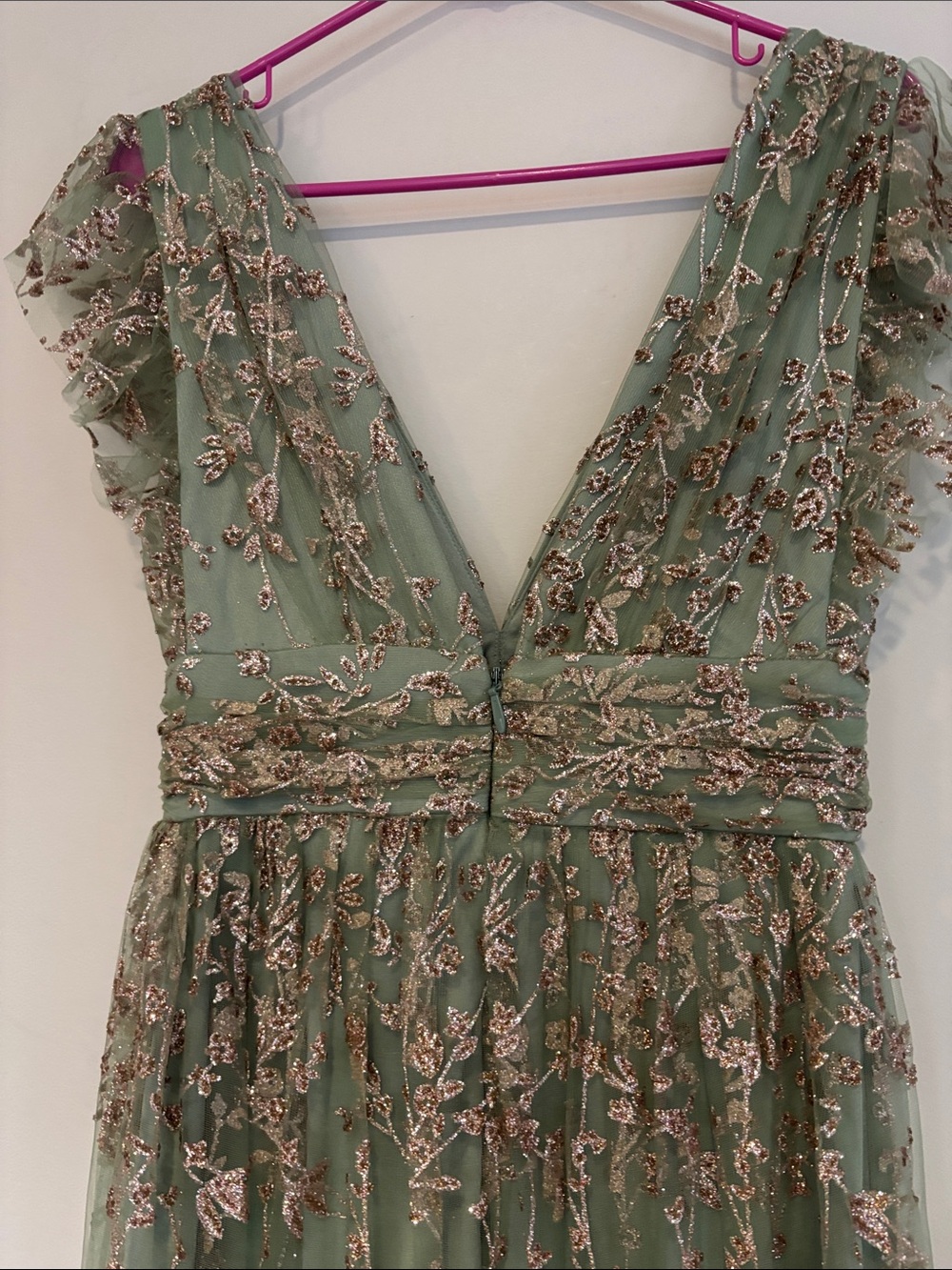 Baltic born Arden shimmer gown in sage+gold featuring a long V neckline - Picture 6 of 12